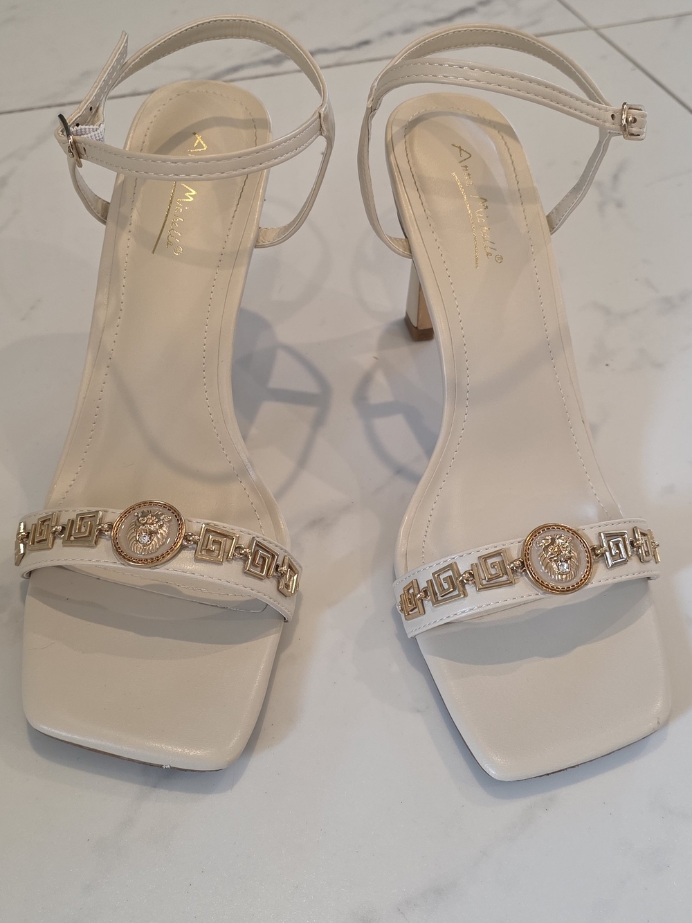 VERSACE inspired Cream  Ankle-Strap Heels with Gold Medallion 9.5